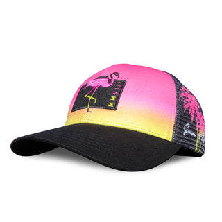 Curved Bill Trucker - Flamingo and Palm trees