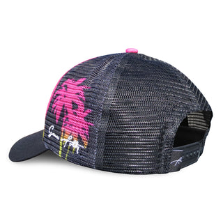 Curved Bill Trucker - Flamingo and Palm trees