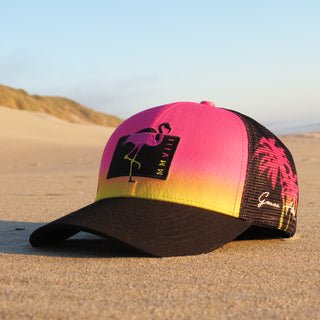 Curved Bill Trucker - Flamingo and Palm trees