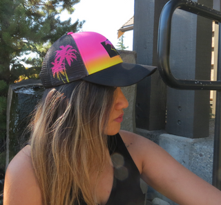 Curved Bill Trucker - Flamingo and Palm trees