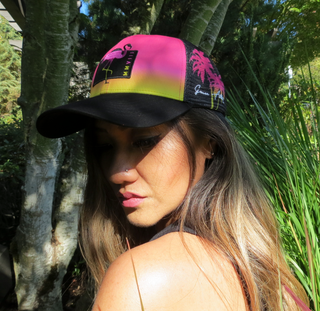 Curved Bill Trucker - Flamingo and Palm trees